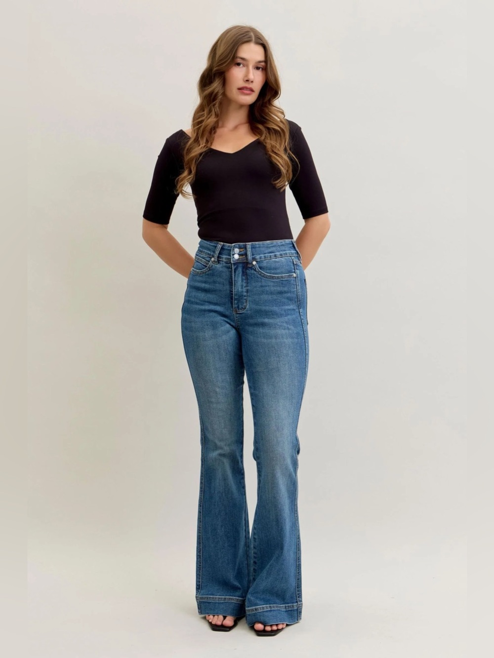 Judy Blue High Waist Tummy Control Double Button Flare Denim Jeans 881018MD.